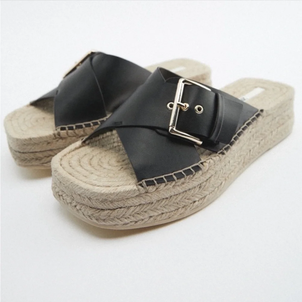 ZARA JUTE WEDGE SANDALS Black & Beige Espadrille Wedge Sz EU39 / US 8 - 8.5